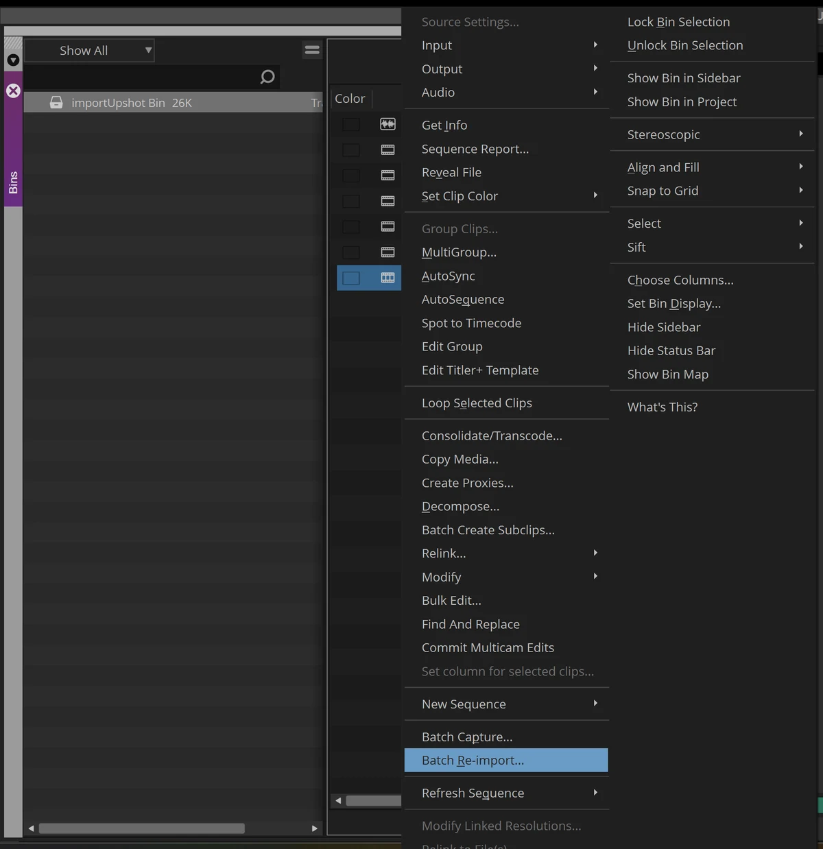 The right-click menu on the selected sequence with Batch Re-import… highlighted