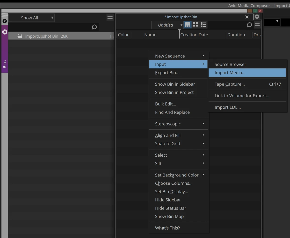 The bin right-click menu in Media Composer open at Input → Import Media